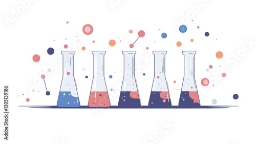 The image is a vector illustration depicting a row of five Erlenmeyer flasks containing different colored liquids. The liquids are shades of blue, red, and purple. Above the flasks, small