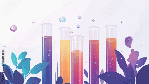 A digital illustration depicting several test tubes filled with various brightly colored liquids.  The liquids exhibit gradients of purple, yellow, orange, and pink.  Small bubbles are