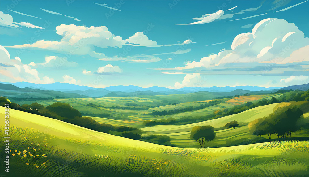 Obraz premium a panoramic view of the hills green meadows with trees country scene clear blue sky and clouds wide banner illustration