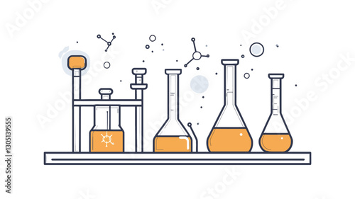 A simple line art illustration depicting various pieces of chemistry lab equipment, including beakers, flasks, and test tubes, arranged on a shelf. The equipment contains a light orange