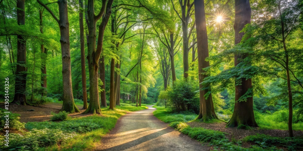 Obraz premium Serene forest scene with winding dirt path surrounded by dense greenery and towering trees in West Park , tranquil nature, natural beauty