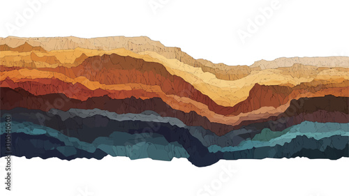 The image is a digital illustration depicting an abstract landscape.  It features a horizontal band of layered colors, transitioning from warm oranges and yellows at the top to cool blues