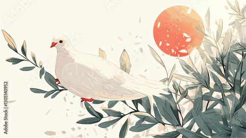 Digital illustration or painting depicting a white dove perched on a branch of a leafy plant. The background features a large, stylized orange sun and scattered, light-colored elements