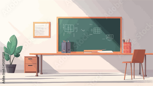 The image depicts a minimalist illustration of a classroom interior.  The main focus is a long, wooden desk positioned in front of a large green chalkboard.  The chalkboard displays simple