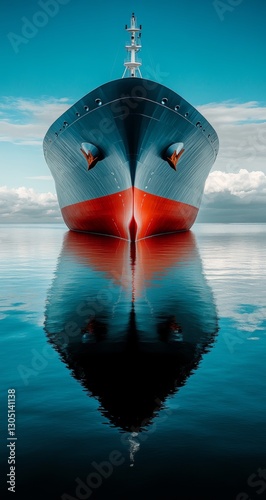 Massive ship, calm ocean, perfect reflection