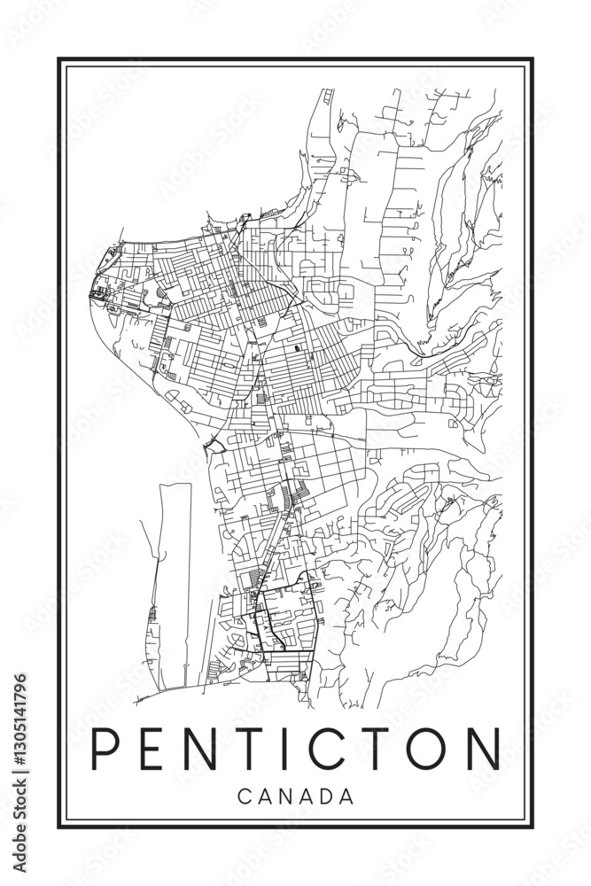 Obraz premium Printable downtown road map poster of the Canadian city of PENTICTON on solid white background with city name