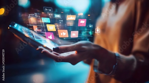 A person holding a tablet with floating digital marketing icons, representing modern business strategies, Digital marketing, online business, data analytics, social media, mobile technology, communica