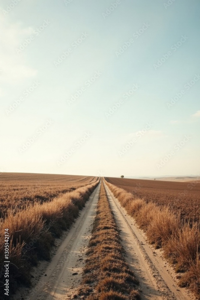 Naklejka premium A Serene Dirt Road Through a Golden Field Extending to a Distant Horizon Under a Pale Sky