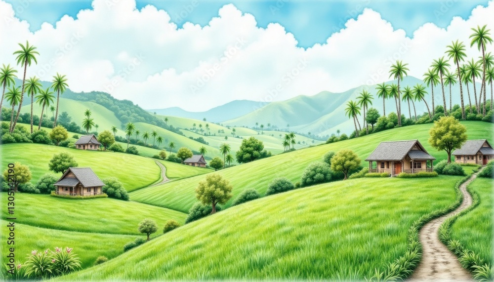 Fototapeta premium The artwork captures the serene beauty of the Javanese landscape, with lush green fields stretching towards a distant horizon