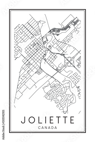 Printable downtown road map poster of the Canadian city of JOLIETTE on solid white background with city name