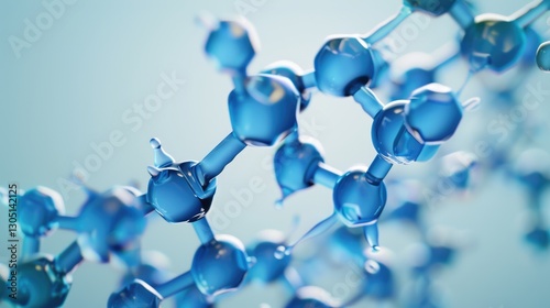 Crystal clear blue molecular structure visualization with transparent atoms connected in scientific network against defocused background