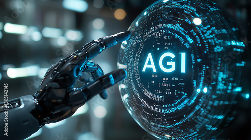 Humanoid robot hand touches letters AGI on holographic screen Future artificial general intelligence transcends limits.