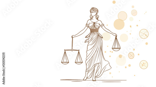 Line art illustration of a woman in a flowing gown holding scales of justice. The style is elegant and simple, with brown and beige linework on a white background.  A soft yellow bokeh