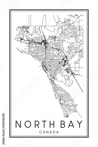 Printable downtown road map poster of the Canadian city of NORTH BAY on solid white background with city name