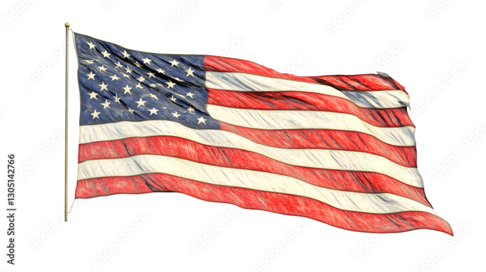 Obraz premium Weathered American flag billowing softly, transparent background allowing seamless integration into graphic projects