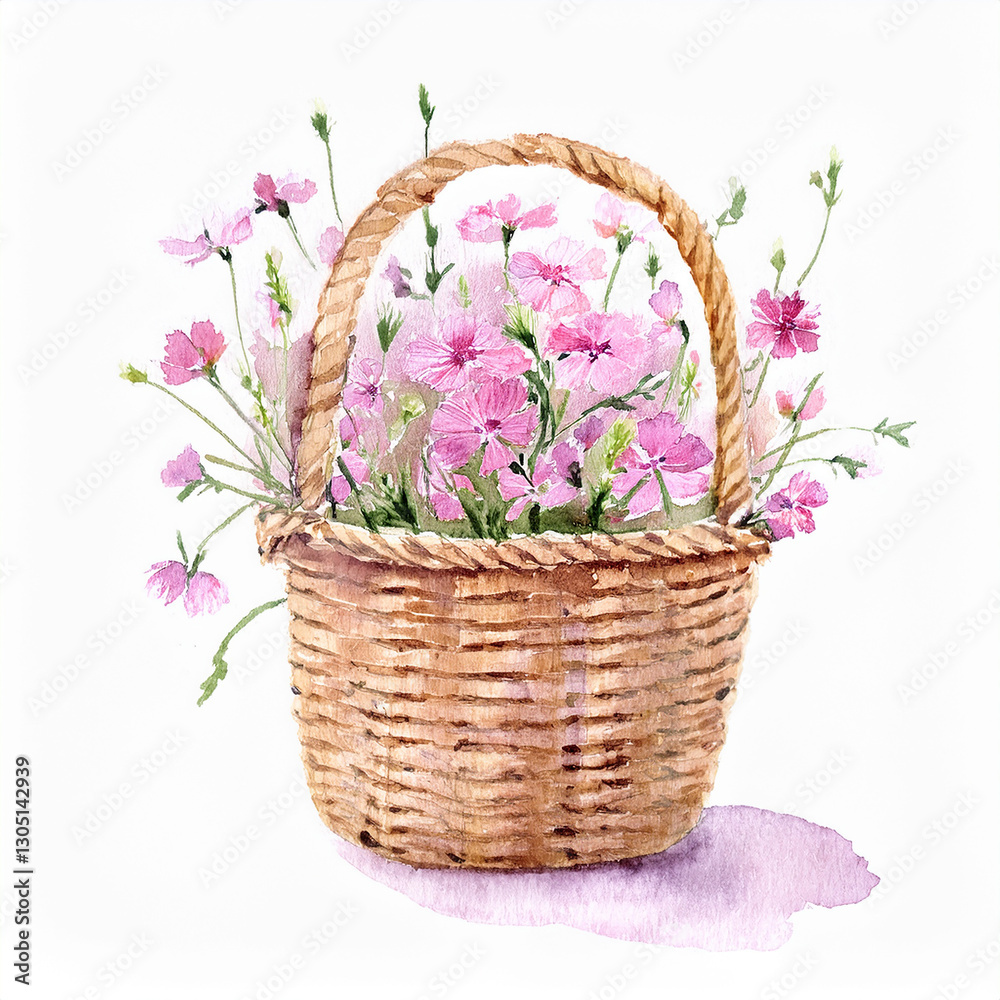 Obraz premium Watercolor painting of straw basket filled with wildflowers. Spring or summer season.