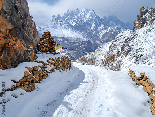 Obraz na płótnie A rugged trail winding through jagged rock formations, leading to a high mountain pass covered in fresh snow. Colorful prayer flags flutter in the cold wind, creating a vivid contrast against the star w salonie