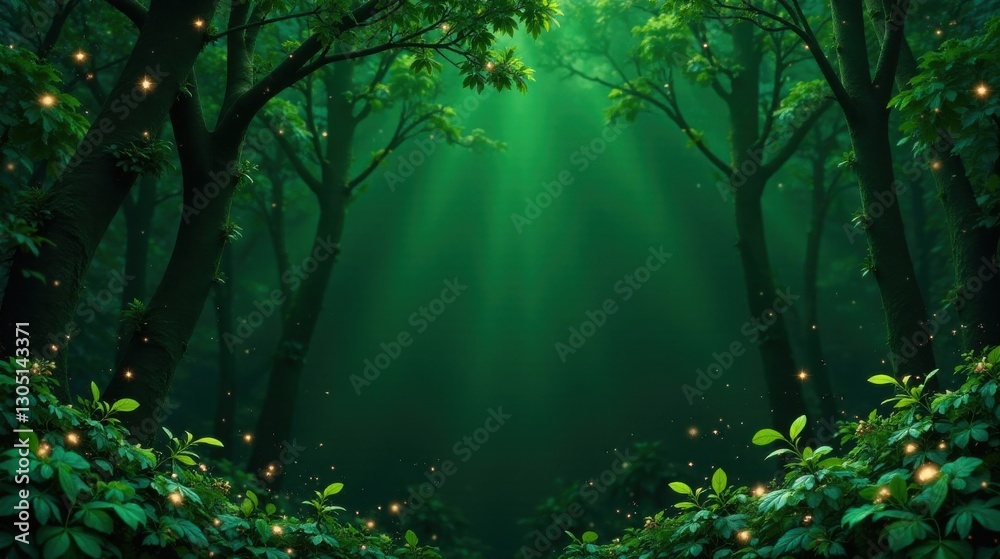Obraz premium Enchanted Forest at Dusk Glowing Lights Amidst Lush Greenery and Ancient Trees