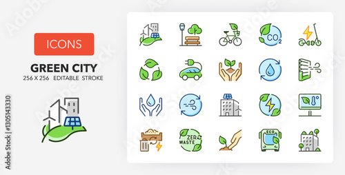 Line icons about green cities. Contains such icons as renewable energy, autonomous building, air and water quality and more. 256x256 Pixel Perfect editable in colors