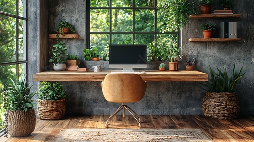 Modern Workspace with Natural Light, Indoor Plants, Cozy Office Design and Stylish Furniture Aesthetics