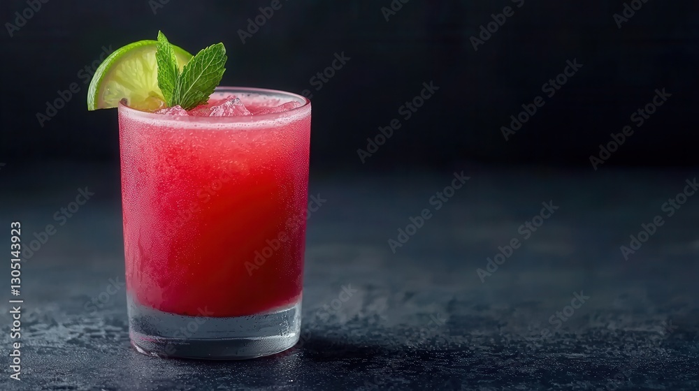 Obraz premium A refreshing pink drink garnished with a lime slice and mint leaves, served in a glass against a dark background.