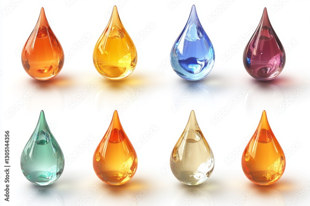 Eight Colorful Glass Droplets on White Background Liquid Oil Water Jewel Gem Eight Colorful Glass Droplets on White Background Liquid Oil Water Jewel Gem