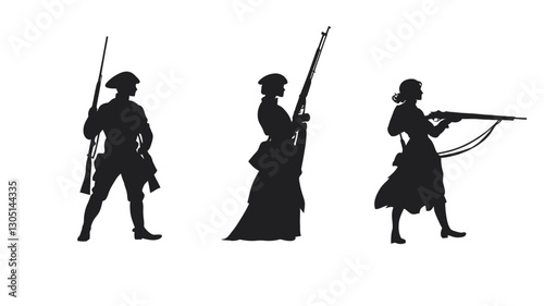 The image contains three distinct silhouettes of figures holding rifles.  The figures are presented in profile view against a white background.  The silhouettes are rendered in solid black,