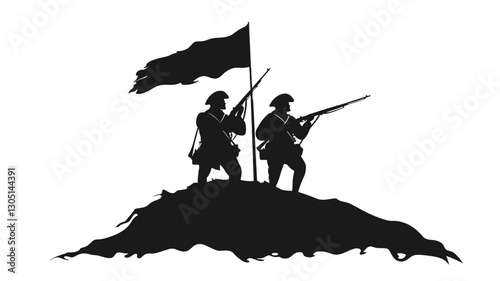 The image is a vector graphic illustration depicting two soldiers in silhouette, standing on a hilltop with a flag behind them.  The soldiers are armed with what appear to be muskets and