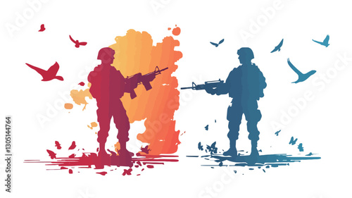 The image features two stylized silhouettes of soldiers facing each other, rendered in contrasting warm (orange/red) and cool (blue) color palettes. Each soldier holds a rifle.  The