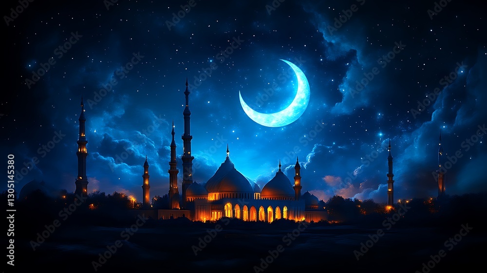 Fototapeta premium Nighttime Mosque Scene Under Crescent Moon and Stars