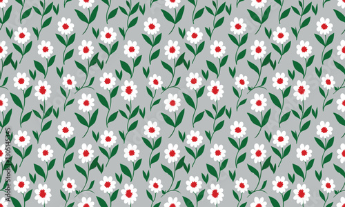 Seamless floral pattern with white flowers, red centers, and green leaves on a gray background, perfect for textile prints, wallpaper, and digital designs