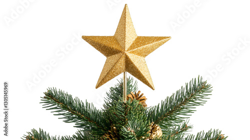 Christmas tree top decorated with a golden glitter star and pine cones, isolated on transparent background