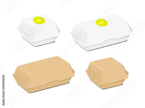Paperboard takeout clamshell lunch box. 3d mockup set. Square and rectangle. White and kraft. Round label sticker. Easy editable template. Takeaway food paper container. Realistic vector mock-up