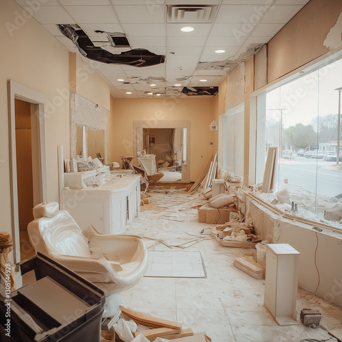 A beauty salon under renovation.  The space is filled with debris and tools, showing a work in progress.