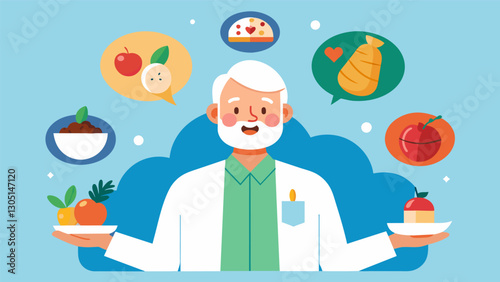 The nutritionist addresses common challenges for older adults such as managing chronic diseases eating on a budget and adapting to changing tastes.. Vector illustration