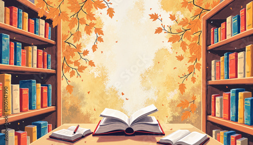 Open books in cozy library with autumn leaves, celebration of literature