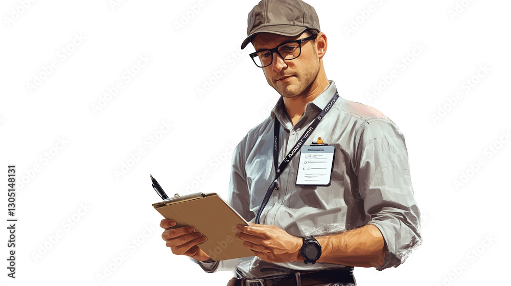A journalist with a notepad and pen wearing a press badge isolated on a transparent background A journalist with a notepad and pen wearing a press badge isolated on a transparent background