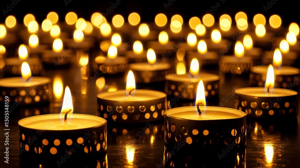 Golden Lit Tea Candles on Dark Reflective Surface Golden Lit Tea Candles on Dark Reflective Surface