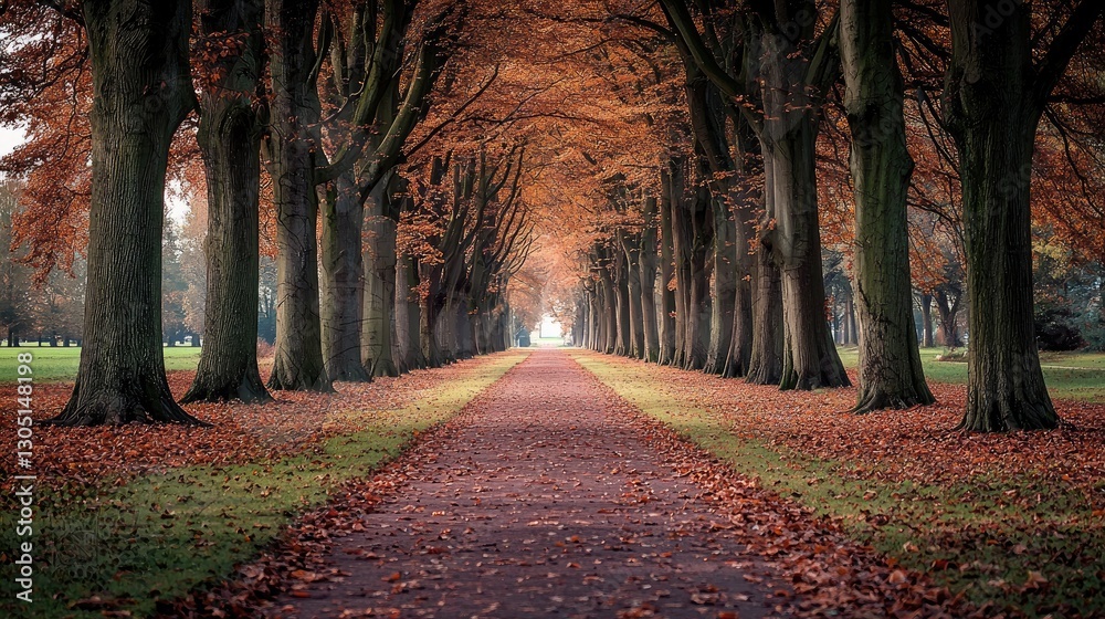 Obraz premium A peaceful park path lined with tall trees and fallen autumn leaves.