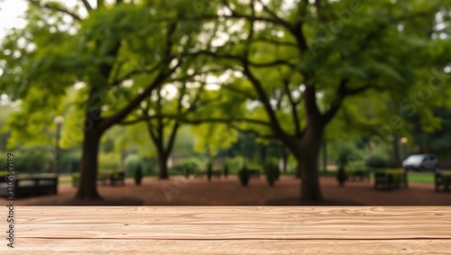Empty wooden table top with blurred green nature park background for product placement. Product background, ai generated
