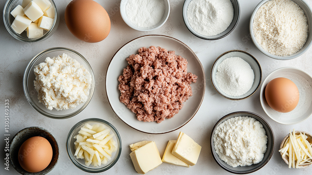 Overhead shot of various cooking ingredients on a kitchen counter. Overhead shot of various cooking ingredients on a kitchen counter.