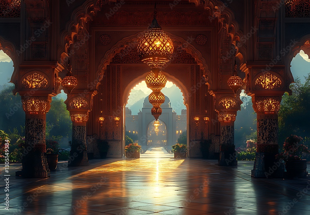 Fototapeta premium Ornate Lantern-Adorned Archway Overlooking a Sunlit Courtyard