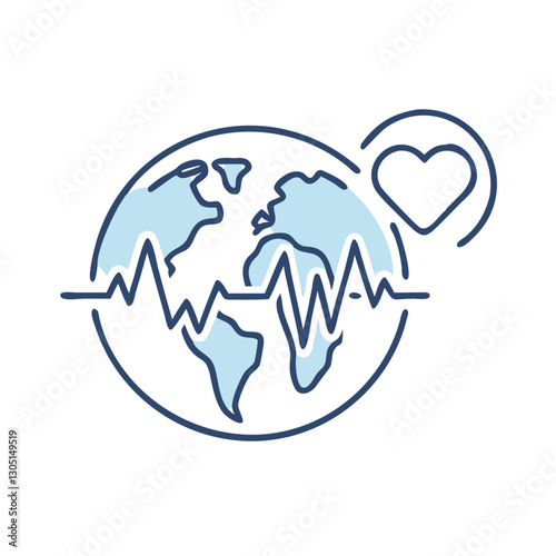 Health Care Icon World Health Day Heartbeat line with Earth and heart symbol in blue outline