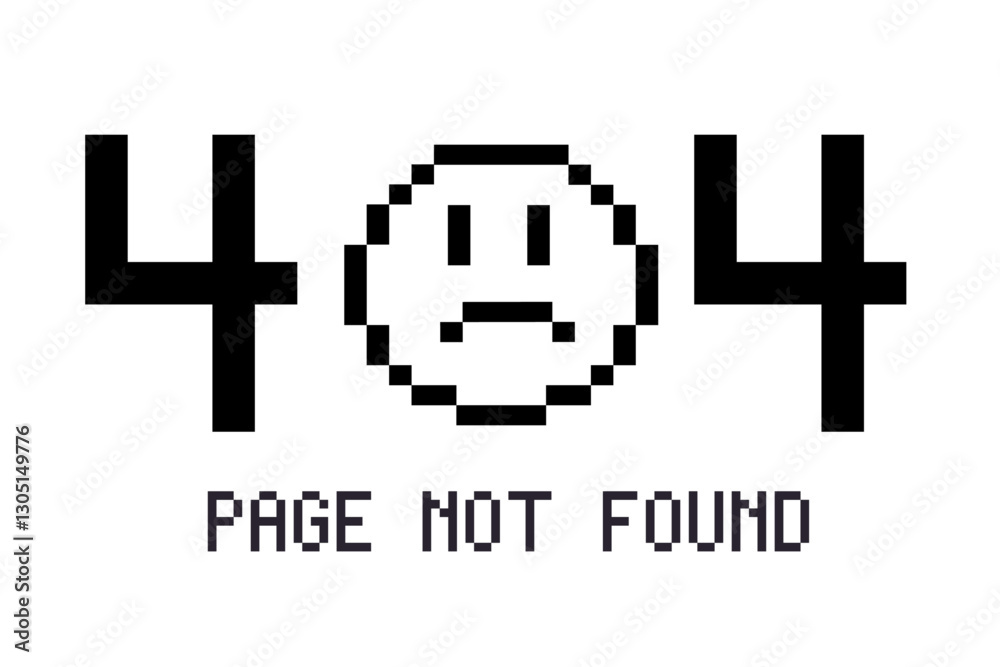Obraz premium Pixelated 404 page not found error message with sad face icon on white background. Window, social media app templates. 80s 90s old computer UI elements and vintage aesthetic icons. 
