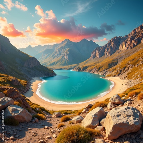 Serene Mountain Lake with Copy Space in Vibrant Colors Representing Tranquility and Adventure