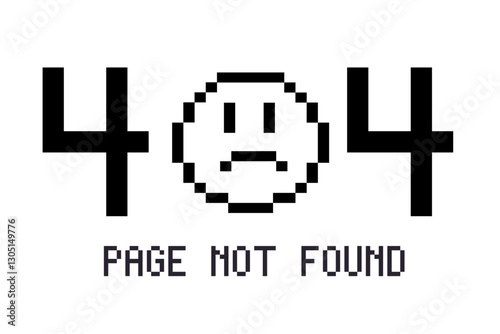  Pixelated 404 page not found error message with sad face icon on white background. Window, social media app templates. 80s 90s old computer UI elements and vintage aesthetic icons. 