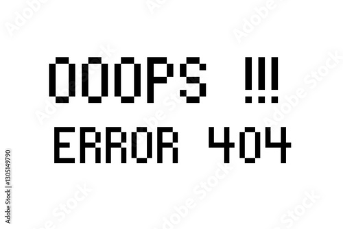 Pixelated error 404 message with oops text on white background, retro digital glitch warning. Window, social media app templates. 80s 90s old computer UI elements and vintage aesthetic icons. 