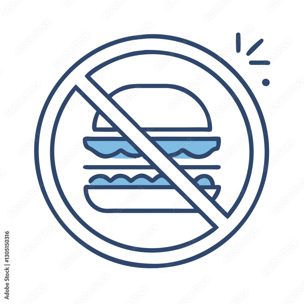 Health Care Icon World Health Day No fast food sign, blue line art illustration Health Care Icon World Health Day No fast food sign, blue line art illustration