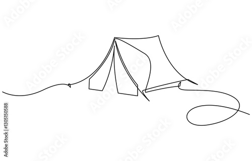 Single continuous line drawing camping site with tent bonfire and pot equipment, Camping Tent with Campfire Continuous Line Drawing with Editable Stroke and Copy Space.