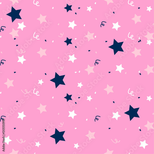 Pink background with scattered dark and light stars in a seamless pattern for festive and decorative designs